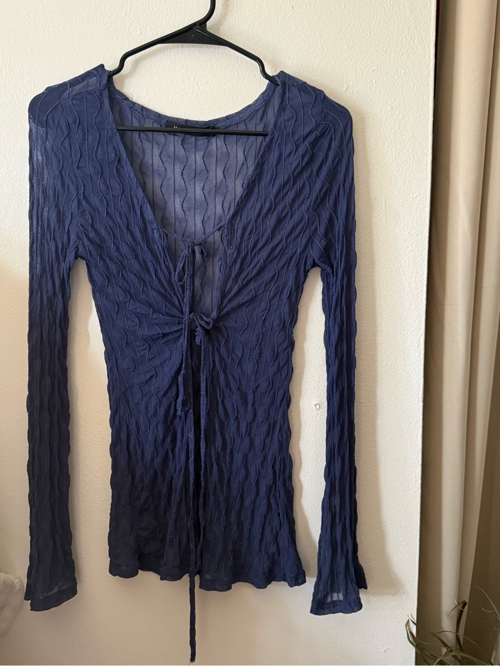 Y2K Mary & Mo Navy Tie-Front Long Sleeve Women's Top
